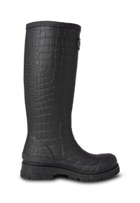Stivale in gomma nere al ginocchio con motivo a coccodrillo texturizzato, dettaglio del logo rotondo e una suola in gomma nera resistente con battistrada.