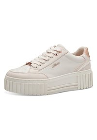 Sneaker platform in pelle beige chiaro, con punta rotonda, chiusura con lacci e suola in gomma rigata con dettagli metallici sul tallone.