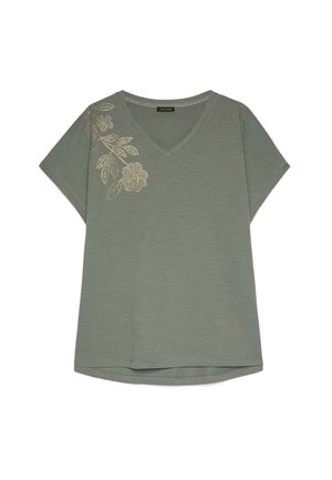 Oliwkowa koszulka z krótkim rękawem i dekoltem w serek, z złotym kwiatowym haftem na lewym ramieniu i luźnym krojem.