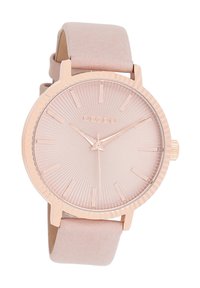 Montre-bracelet en or rose avec un bracelet en daim rose, lunette striée, cadran soleillé et marqueurs index minimalistes. Nom de la marque "OOZOO" affiché sur le cadran.