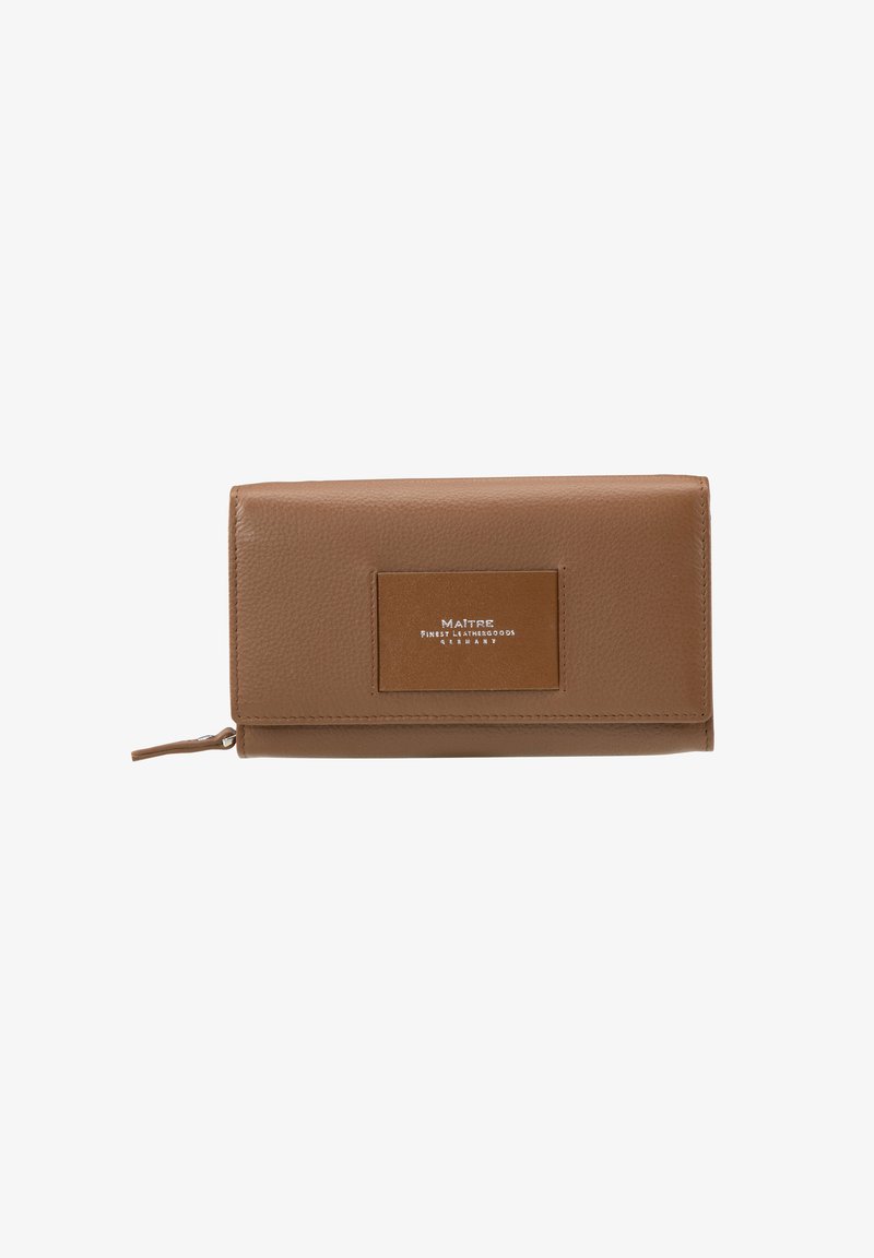 Brown leather wallet with a textured finish, featuring a rectangular brand patch and a zip closure, offering a minimalist design.