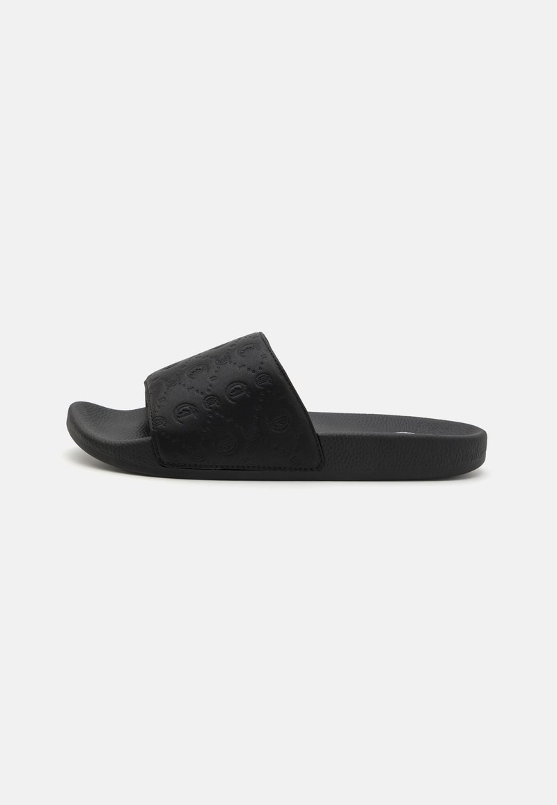 Black slide sandal featuring a textured band with embossed patterns, rounded toe, and smooth rubber sole. Simple, flat design.