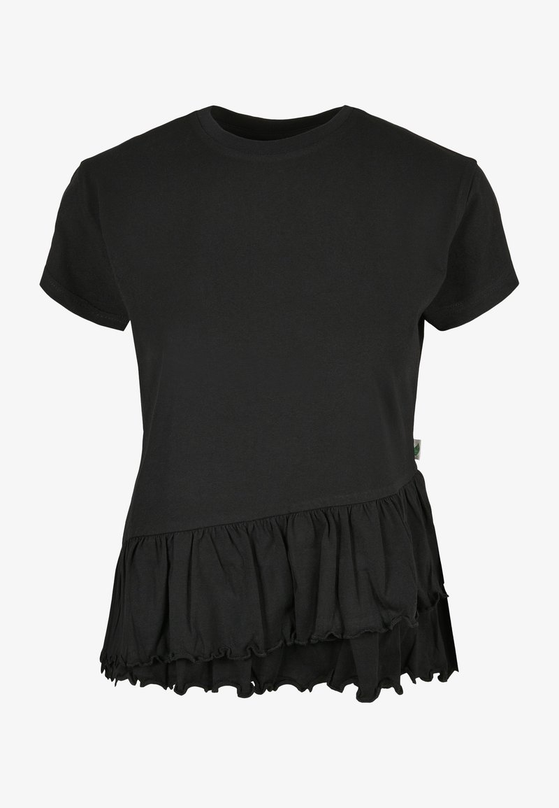 Svart bomullst-shirt med korta ärmar, med ett vågigt nederkant och asymmetrisk skärning. Slät textur och minimalistisk design.