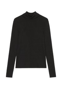 Pull noir à col roulé avec une texture côtelée, des manches longues et une coupe ajustée. Aucun motif ni détail matériel visible.