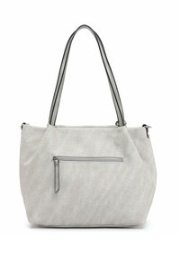 Sac fourre-tout en tissu gris avec deux poignées noires, une poche zippée à l'avant et une forme structurée pour un transport facile.