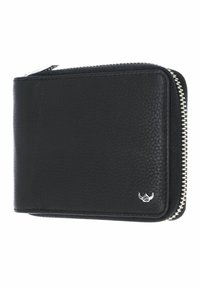 Portefeuille en cuir texturé noir avec fermeture éclair argentée et petit logo argenté dans le coin inférieur droit.