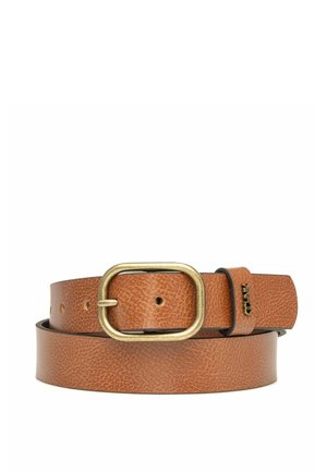 Brązowy skórzany pasek o fakturze, z prostokątną mosiężną klamrą, wyposażony w liczne otwory do regulacji oraz gładkie krawędzie dla estetycznego wykończenia.