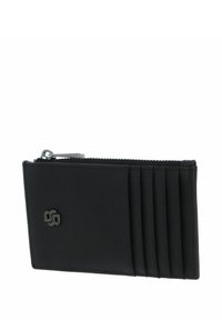 Porte-cartes en cuir noir avec fermeture éclair, 4 emplacements pour cartes d'un côté, logo embossé et design plat pour un rangement facile.