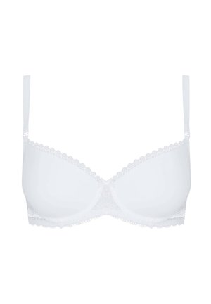White bra featuring padded cups, delicate lace trim along the edges, adjustable straps, and a smooth finish on the main body.