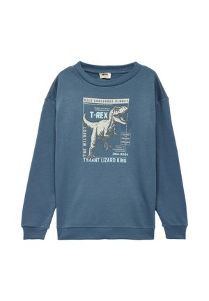 Blauwe sweatshirt met lange mouwen en een afbeelding van een T-Rex dinosaurus, met tekst die het beschrijft als de "Tyrant Lizard King."