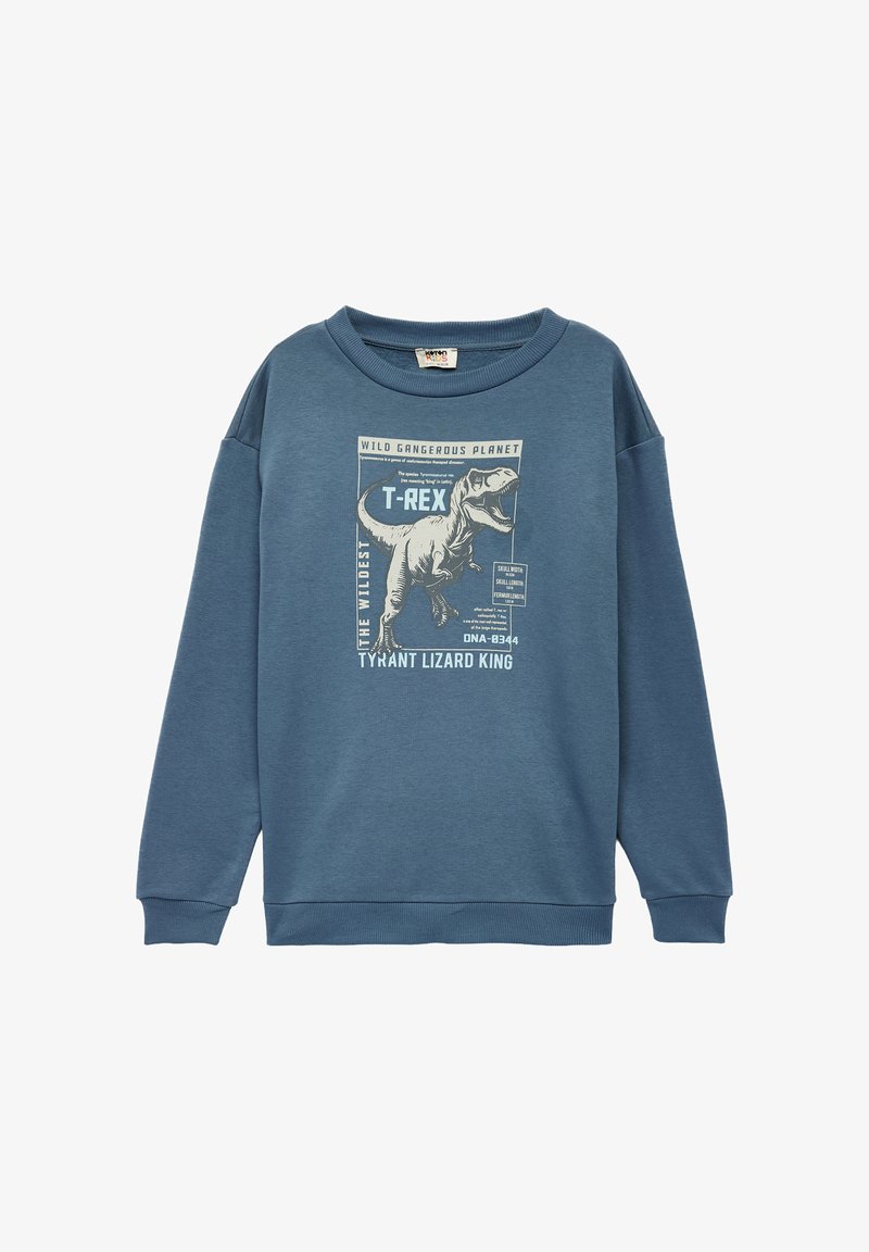 Sudadera de manga larga azul con un gráfico de un dinosaurio T-Rex y un texto que lo describe como el "Rey Lagarto Tirano."