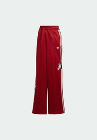 Red wide-leg sweatpants, featuring white side stripes and embroidered floral accents, with an elastic waistband and soft fabric texture.