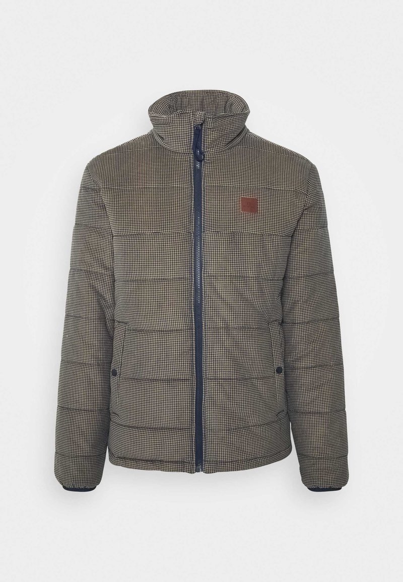 Padded jacket in a checkered pattern, featuring a high collar, front zip, and ribbed cuffs. Color is predominantly dark green with navy accents.