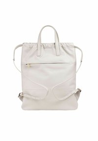 Zaino in pelle beige chiaro con parte superiore arricciata, doppi manici, spallacci regolabili e tasca esterna con zip. Texture liscia.