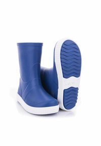 Niebieskie gumowe kalosze o gładkiej powierzchni, okrągłym czubku i białej gumowej podeszwie z teksturowanym bieżnikiem dla lepszej przyczepności. Brak widocznych wzorów lub akcentów.