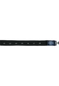 Black fabric belt with numbered sizing (42 to 48) and a sturdy metal buckle. Features a smooth texture and reinforced stitching.