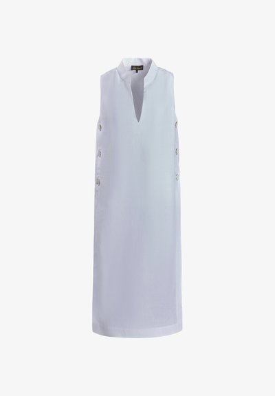 White sleeveless dress with a deep V-neck, side button details, and a straight silhouette. Crafted from lightweight fabric.
