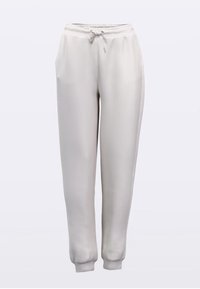 Pantalon de survêtement gris clair en tissu doux, avec une taille élastique et un cordon de serrage, des poches latérales et des poignets resserrés.