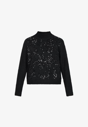 Pulover negru tricotat cu guler înalt, model floral texturat și paiete dispersate. Mâneci lungi și croială scurtă cu manșete ribbate.