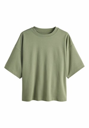 Løs pasform kortærmet T-shirt i ensfarvet olivengrøn med rund halsudskæring og sænkede skuldersømme.