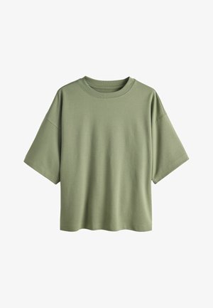 T-shirt a manica corta a vestibilità ampia in verde oliva solido con scollo rotondo e cuciture delle spalle scese.