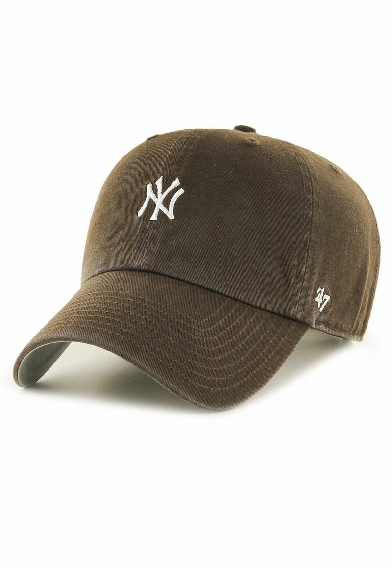 Brown cotton baseball cap with a white embroidered NY logo on the front and a small white '47' on the side. Curved brim, textured fabric.
