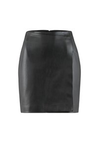 Mini jupe en simili cuir noire avec un détail sur le panneau avant et une fermeture éclair à l'arrière, présentée sur un fond blanc.