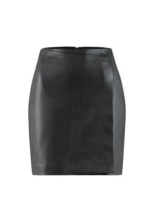 Black faux leather mini skirt with a front panel detail and a back zipper closure, shown against a white background.