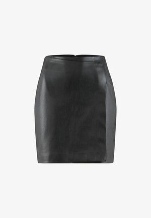 Black faux leather mini skirt with a front panel detail and a back zipper closure, shown against a white background.