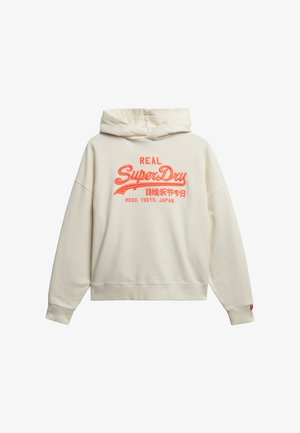 Cremefarbener Hoodie mit Kordelzug, versehen mit orangefarbenem gesticktem Text und Akzenten. Lockere Passform mit geripptem Saum und Bündchen.