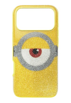 Funda de teléfono amarilla cubierta de purpurina con un gran ojo rojo y negro en el centro, enmarcado por gafas de color gris.