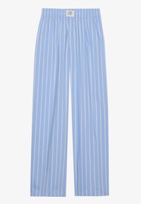 Pantalon de pyjama bleu clair à rayures blanches verticales, doté d'une taille élastique et d'une texture de tissu lisse. Sans poches ni fermetures.