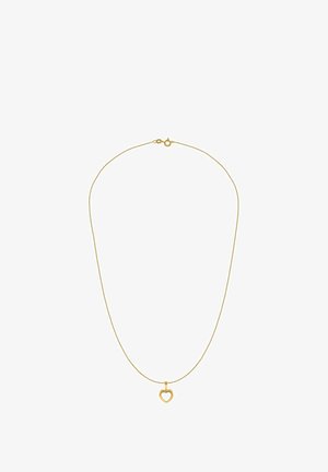 Ogrlica zlato rumene barve z fino verižico in obeskom v obliki srca s preluknjanim središčem. Elegantna in minimalistična zasnova.
