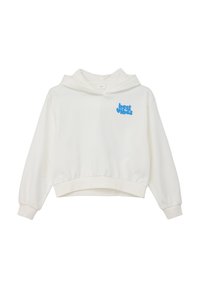 Weißer, verkürzter Hoodie aus glattem Stoff. Mit einem blauen "best vibes"-Grafikdesign auf der Brust sowie gerippten Bündchen und Saum.