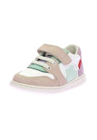 Sneaker per bambini con tomaia in pelle bianca e suede rosa, dettagli in verde menta, chiusura con lacci e velcro, tallone testurizzato e suola in gomma.