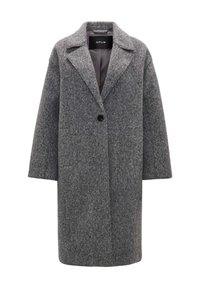 Long manteau en laine grise avec larges revers, fermeture à un bouton noir et manches droites, fabriqué par la marque Opus.