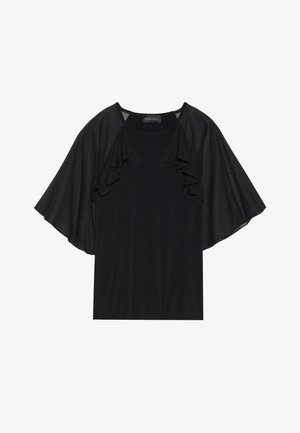 Fekete felső rövid, fodros ujjakkal és kerek nyakkivágással. Az anyag simának tűnik, enyhe fényességgel. Laza stílusú.