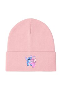 Vaaleanpunainen neulottu pipo, jossa on taitettu resori ja sinisten ja vaaleanpunaisten animaatiokarakterien grafiikka, jotka halaavat toisiaan. Pehmeä tekstuuri, rento muotoilu.