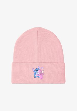 Vaaleanpunainen neulottu pipo, jossa on taitettu resori ja sinisten ja vaaleanpunaisten animaatiokarakterien grafiikka, jotka halaavat toisiaan. Pehmeä tekstuuri, rento muotoilu.