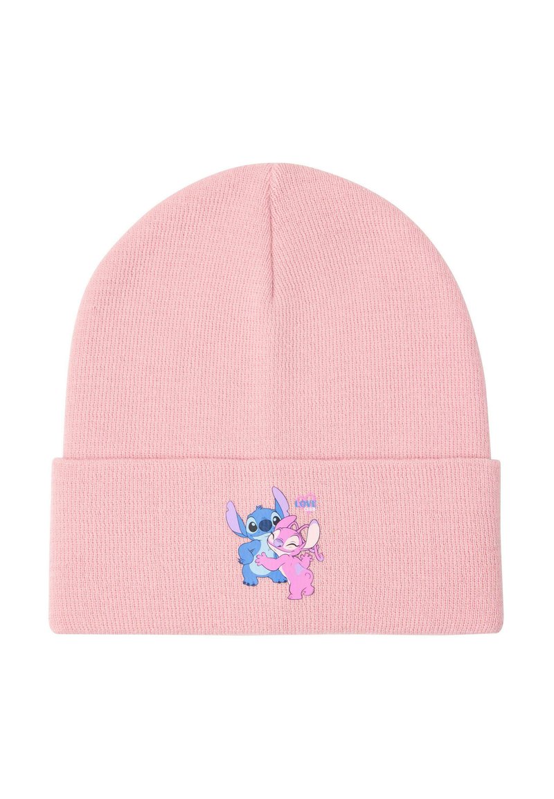 Vaaleanpunainen neulottu pipo, jossa on taitettu resori ja sinisten ja vaaleanpunaisten animaatiokarakterien grafiikka, jotka halaavat toisiaan. Pehmeä tekstuuri, rento muotoilu.