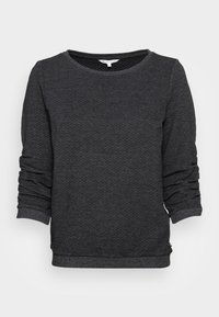 Dark gray textured sweatshirt with a round neckline, long sleeves, and ribbed cuffs. Features a subtle pattern and a hemmed bottom edge.