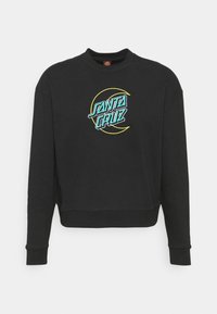 Black sweatshirt with ribbed cuffs and hem, featuring a colorful "SANTA CRUZ" logo in turquoise and yellow on the front.