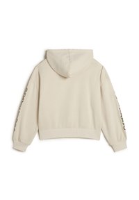 Geknipte crèmekleurige hoodie met een trekkoordkap, voorzien van ribgebreide manchetten en onderrand, en een grafisch ontwerp langs de linkermouw.