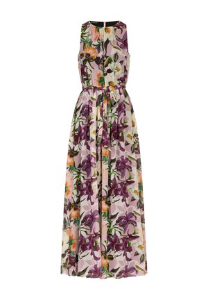 Abito maxi floreale caratterizzato da un tessuto con motivi vivaci di fiori viola, arancioni e verdi. Presenta un corpetto aderente e una vita con cintura.