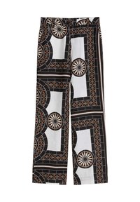 Pantaloni a gamba larga in bianco e nero con motivi circolari e geometrici in accenti marroni. Tessuto leggero, vestibilità rilassata, vita sagomata.