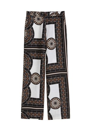 Black and white patterned wide-leg trousers with circular and geometric designs in brown accents. Lightweight fabric, relaxed fit, tailored waistband.