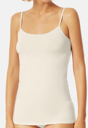 White, form-fitting camisole top with thin adjustable straps; made of smooth fabric, features a scoop neckline and no visible patterns.