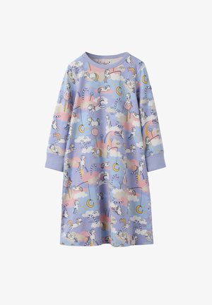 Paarse pyjamajurk met een speelse eenhoorn- en snoepmotief, lange mouwen en een ronde halslijn, gemaakt van zachte, lichte stof.
