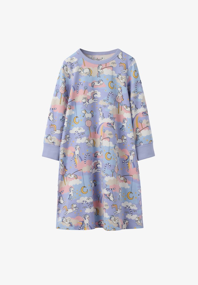Violetti pyjamapuku, jossa on leikkisä yksisarvinen ja makeisten kuvio, pitkät hihat ja pyöreä kaula-aukko, valmistettu pehmeästä, kevyestä kankaasta.