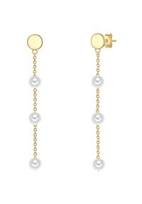 Zeltainas metāla auskari ar apaļu stullīti, no kura karājas trīs baltas pērles, kas saplēstas ar delikātu ķēdi.